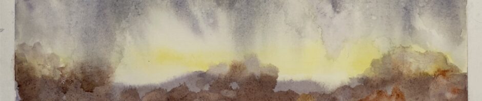 landscape watercolor painting, grey clouds with areas of yellow near horizon, purple far hills, browns and ochre in foreground.