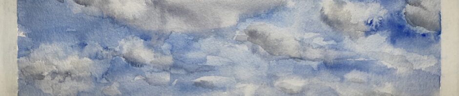 watercolor skyscape and landscape painting: large cloud with lots of smaller ones fading into horizon sky. pale brown yellow hillside with line of dark trees beyond the edge of the hillside. Hint of brown brushy stuff at bottom right.