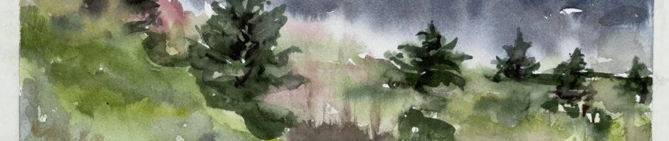 watercolor painting with dark grey clouds moving into blue sky at top with suggestions trees and pine trees and brush in middle ground. Bottom is full of yellow daffodils and their leaves.