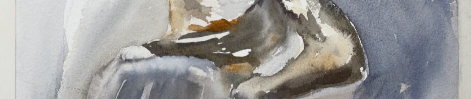 watercolor painting of cat washing her rear leg which is extended upwards and in front of her face. She leans against an armchair's arm. Mostly greys and browns with a bit of orangey because she's a dilute calico.