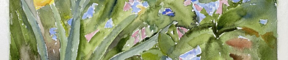 watercolor of messy garden scene. Partial big yellow daffodil in upper left corner. Many shades of greens and browns small blue trumpet shaped flowers and pinky-blue buds. Suggest of other yellow daffodil in upper background.