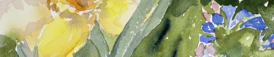 Detail of watercolor painting showing large yellow daffodil flower at upper left corner, many colors and shapes of green, indicating leaves and some blue and pink shapes to indicate Virginia Bluebell flowers and buds.