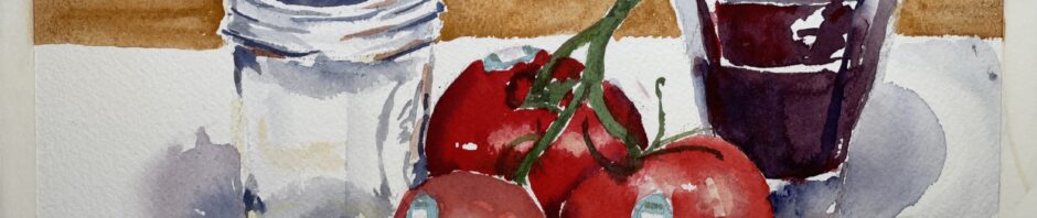 Watercolor still life. Glass jam jar on left, three very red tomatoes on the same green branch, each tomato having a small oval white label on it. To the right a glass of dark red wine in a short, slanted side glass. Behind, the tan edge of the table runs through it.