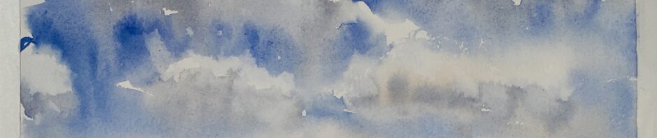 Watercolor painting - cloudscape with white clouds with grey lower shadows over a sliver of horizon towards bottom. The horizon has some softness, suggesting close enough to make out some branches. purple grays, dark green, bright yellow green and some orangey reds of spring.
