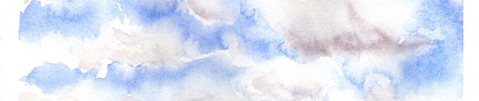 Watercolor painting, cloudscape with bright blue sky and many white clouds with gray shadows. Horizon line about 4/5ths down shows dark greens with some of the red and bright yellow greens of spring.