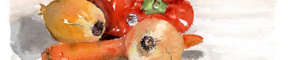Watercolor of two yellow onions, one at left, the other more in center with a carrot running left to right between them. Behind the carrot and the right onion, a big red pepper. On the pepper, small white sticker is visible above the onion.