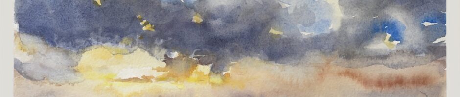 watercolor painting. cloud and landscape with some blue sky and dark clouds above a middle band of yellow-orange sunset with sun about a third of the width in as a bright white glow. Below a far range of orange-y-purple hills and then very dark nearer hills with just hints of vegetation.