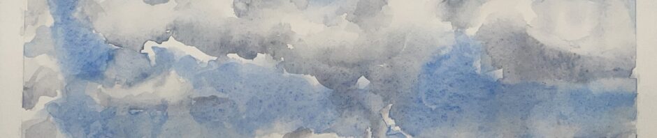 watercolor cloudscape - nice white puffy and rather wind blown clouds against bright blue sky going down to smaller clouds above that sort of pinky-grey stuff you see at a far horizon. Purple and then green hills in foreground.