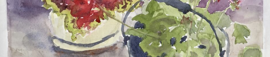 watercolor painting. At left, a green, brown and pink coleus fills a small beige pot and base. To its right, a blue-gray kettle with wire and wood handle holds deep red geranium with one head leaning toward the coleus and the others pointing out to the right. purplish background at top and going to brown and shadows at the bottom.
