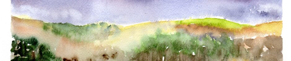 Watercolor painting a landscape of spring times hills and receding road. One patch of highest hill is touched with sun and glues bright yellow green. Overhead dark clouds leaking rain