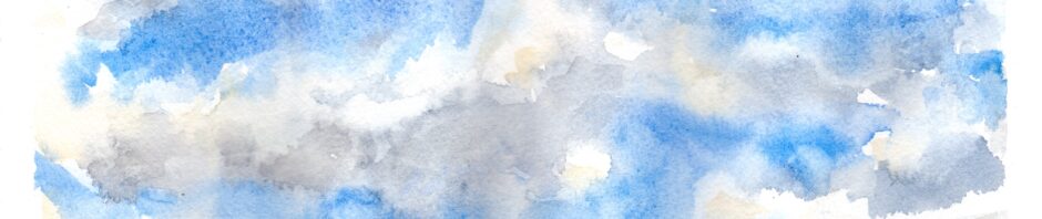 watercolor cloudscape with white puffy clouds, touched in light and shadowed in blue/lavender shadows. Tiny strip of purple and lavender horizon at the very bottom.