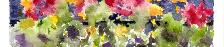 watercolor painting 5x7" impressionistic suggesting a window box of yellow and red flowers with green foliage below. blue grey top background with center window mullion.