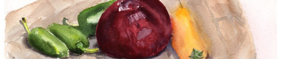 watercolor painting of a red onion sitting on a brown paper bag. To the left are three green hot peppers and to the right is one yellow hot pepper.