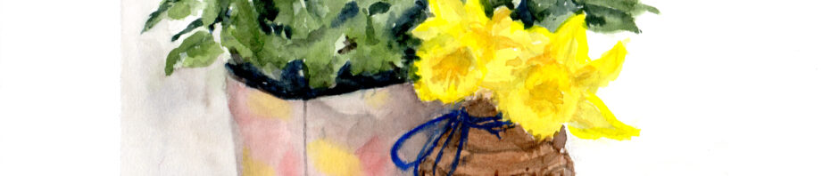 Watercolor painting, square format: A pot of yellow miniatures roses and green foliage on left with a cylindrical carved wooden jar to the right. Two yellow daffodils are seen above the wooden jar.