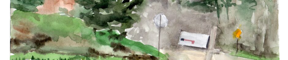 watercolor painting, landscape format. Front yard view showing forground of daffodils then roadside mailbox, a street and distant trees.