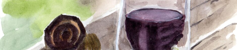 watercolor painting, landscape format. Glass of dark wine sits to right of a weird brass plumbling fixture on a porch rail.
