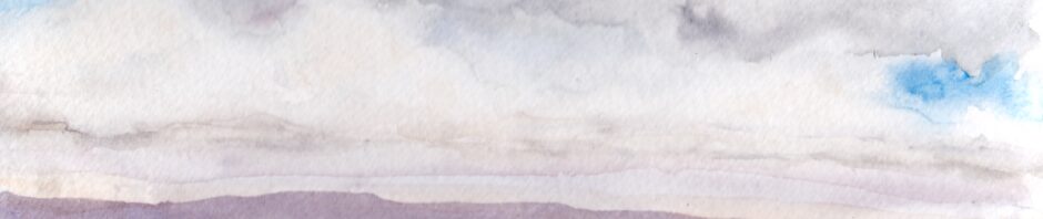 watercolor painting, landscape format. White and gray clouds above horizon level gray distant clouds. Purplish fuzzy hills with greens closer.