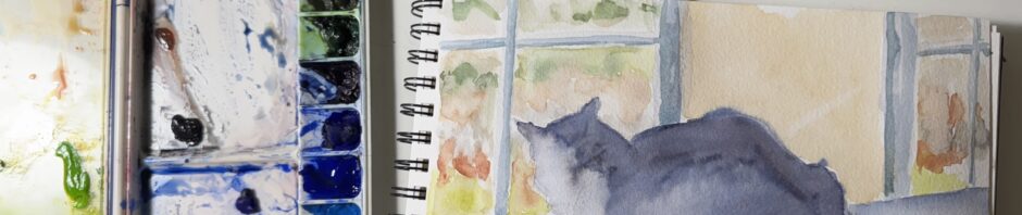 Photo: watercolor painting of a cat crouched on table with tail extending behind, looking out window. although it's really a black cat his fur was seen as dark gray and light. To the left of the horizontal painting is the watercolor paintbox, vertical in the scene, with areas of color around the edge and two mixing areas in the middle. Above, an array of brushes in a black roll up holder point down at the painting.