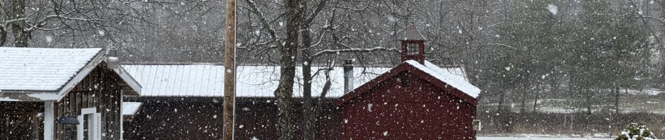 April Snow. Snowflakes in a landscape of some red sheds and barn with trees in the background.