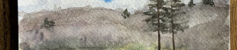 watercolor landscape, a thin sliver of blue sky in a cloudy sky over an early spring view of distant hills, The near field is pale green and two pine trees grow in a hedgerow.
